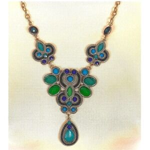 Statement Necklace Bohemian Multicolored Gemstones Bib Pendant Gold Tone